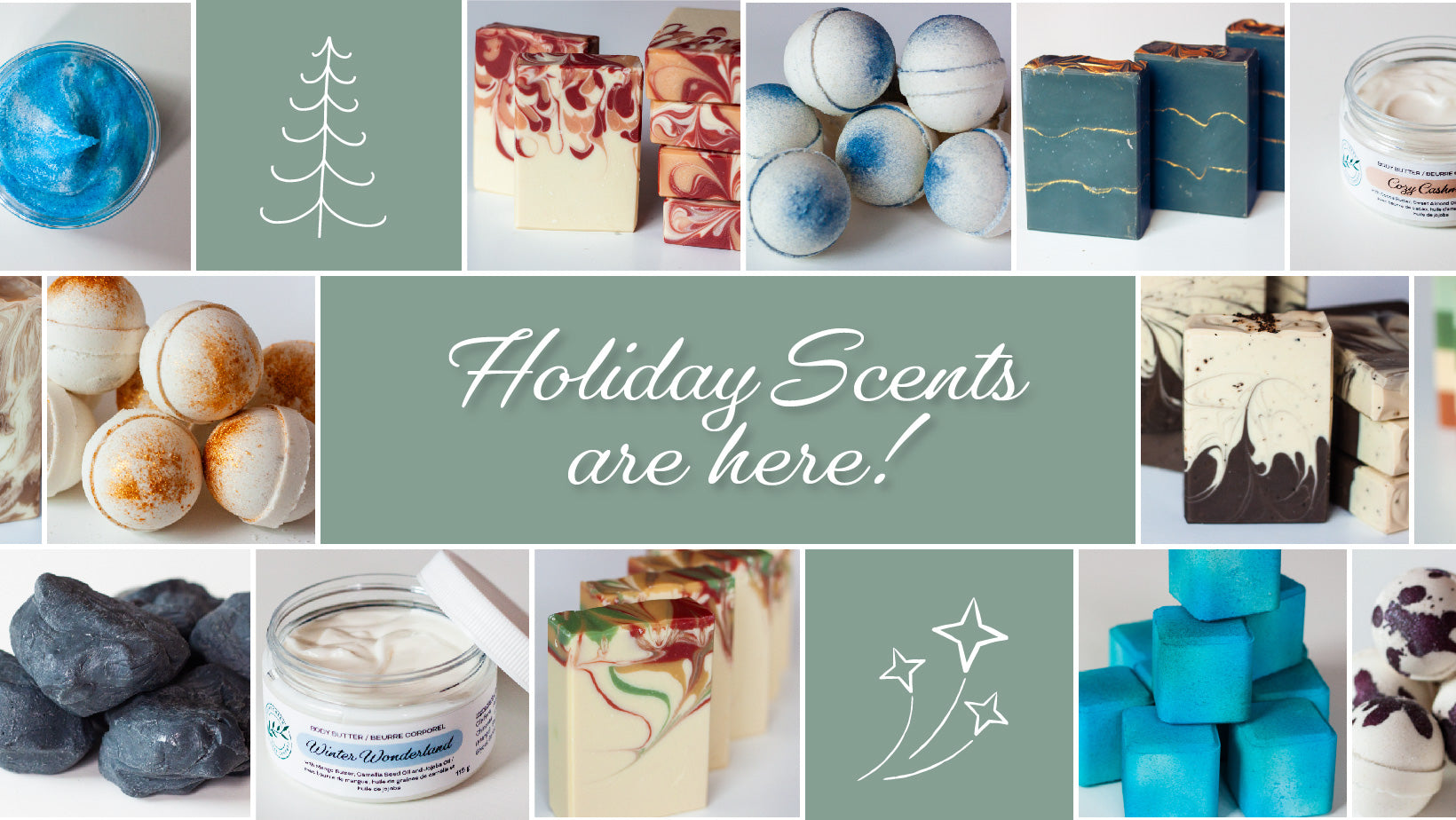 A banner to announce that products for the holiday season are now available online, with a collage of thumbnail images of various soaps, bath bombs, lotions and scrubs